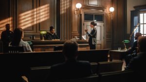 A successful female prosecutor presents her case with conviction, passionately addressing the judge and jury during a law trial in the Court of Justice.