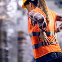 A female storage worker, seen from the back, massages her lower back, showing clear discomfort and pain from strenuous work.