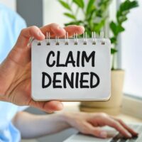 A businesswoman holds a card displaying the text "Claim Denied" in an injury claim insurance context.