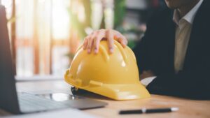 hard safety helmet on table, protection against danger, Work Safety