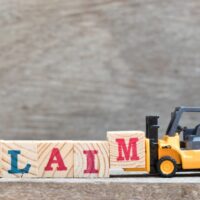 Toy forklift hold letter block M to complete word claim on wood background